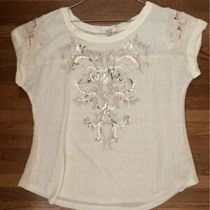 Designer Miss Me sparkle front short sleeve top medium knit back